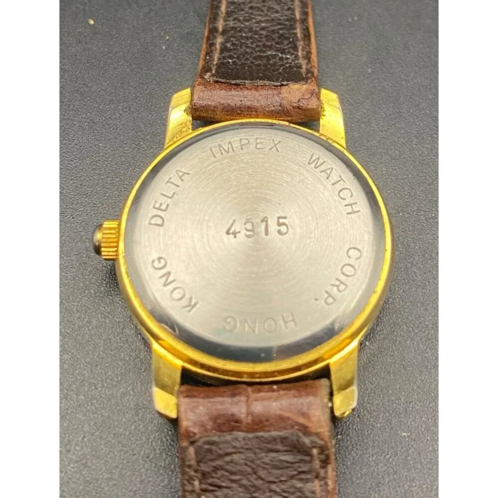 Quartex Delta Impex Womens Watch Gold Tone Case Brown Leather Band New Battery